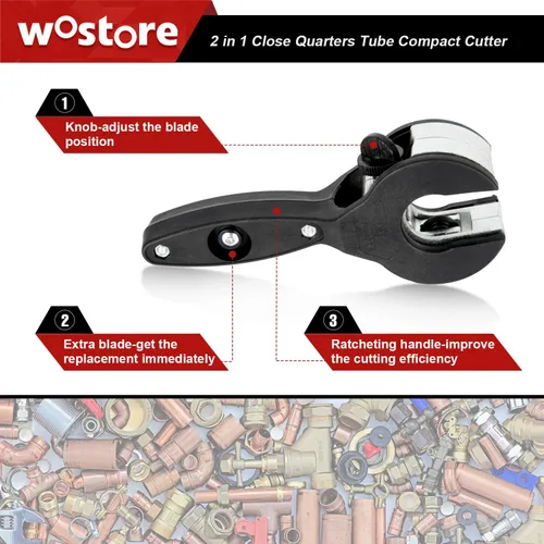 Miniatura 6 de Wostore Cortador de tubos de trinquete, 1/4"-7/8" OD (0.236-0.906 in) 2 en 1 con hoja de repuesto, agarre ergonómico para tubos de metal blando
