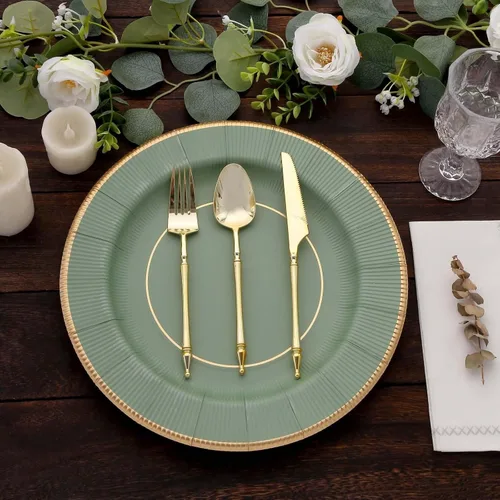 Miniatura 8 de Efavormart Paquete de 25 Platos Cargadores Desechables Sunray Metallic Sage Green de 13", Bandeja de Servir de Cartón, Redonda - 350 GSM Verde