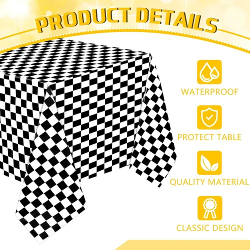 Miniatura 2 de 3 hojas de manteles desechables a cuadros en blanco y negro para fiesta de automóvil de carreras, 54 x 108 pulgadas, mantel rectangular de plástico