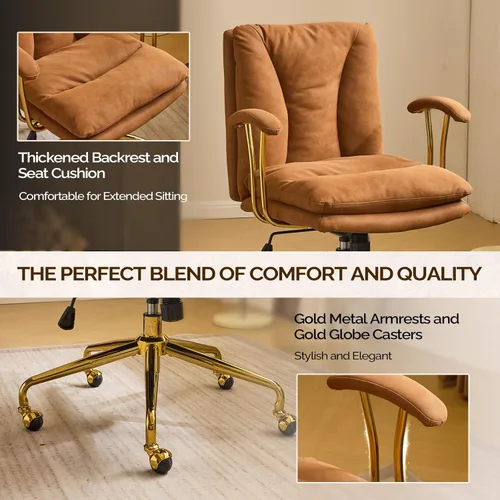 Miniatura 3 de VINGLI Silla de escritorio para oficina en casa, cómoda con ruedas y reposabrazos extraíbles, silla de tocador con base dorada con respaldo, silla
