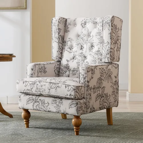 LukeAlon Silla decorativa de lino capitoné con botones, silla de club tapizada con patas de madera, silla de lectura vintage con respaldo alto,