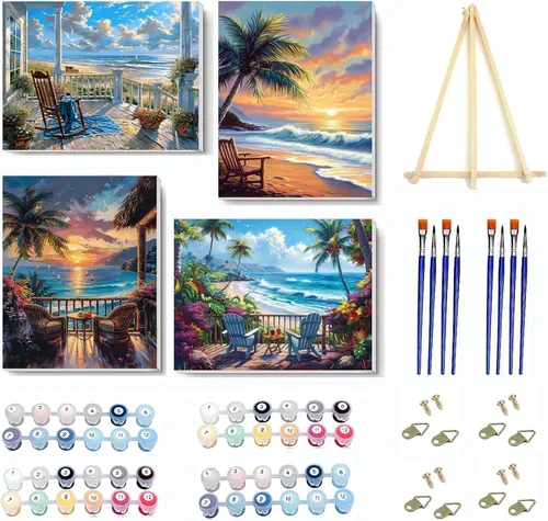 Miniatura 21 de VIGEGU Paquete de 4 pinturas por números para adultos, lienzo enmarcado, con caballete de madera, pintura por números para niños de 8 a 12 años