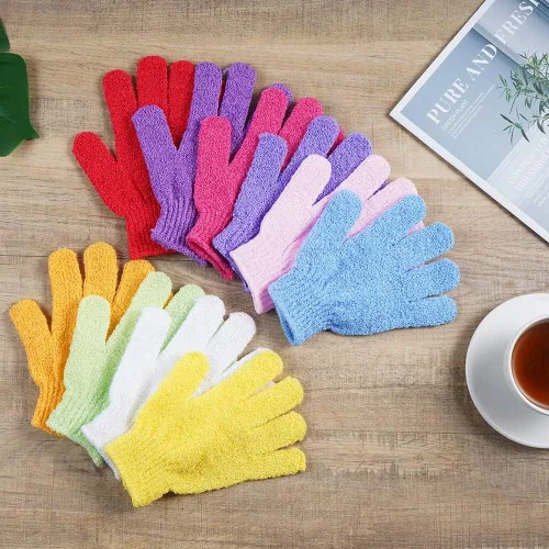 Miniatura 6 de 10 pares de guantes exfoliantes, hechos de 100% nailon, 10 colores guantes exfoliantes de doble cara para belleza, spa, masaje, piel, ducha