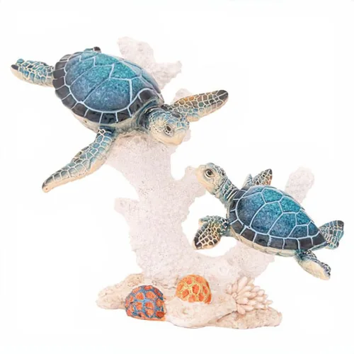 Miniatura 12 de Estatua de tortuga marina triples nadando sobre base de arrecife de coral, figura de polystone inspirada en el océano para decoración del hogar Azul