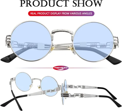 Miniatura 6 de AIEYEZO Gafas de sol redondas Steampunk Circle Lennon Hippie, montura de metal, lente con bloqueo UV 100%
