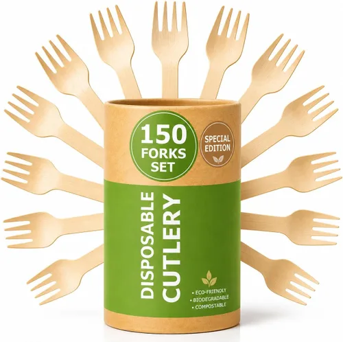 Miniatura 12 de Juego de cubiertos compostables de edición especial (150 piezas) – Juego de cubiertos de madera desechables – Alternativa al plástico, ecológico