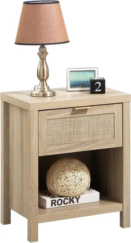 Miniatura 9 de SICOTAS Juego de 2 mesitas de noche de ratán, mesita de noche de granja con cajón y estante de almacenamiento, mesa auxiliar bohemia para Roble