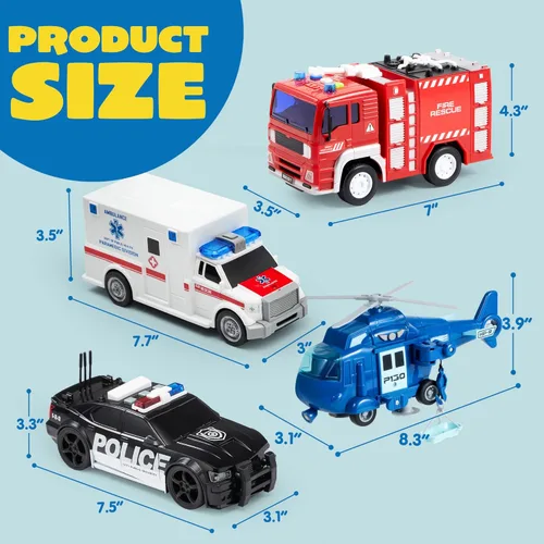 Miniatura 8 de JOYIN 4 paquetes de juguetes de vehículos de emergencia, vehículos accionados por fricción con luz y sonido, incluyendo camión de bomberos