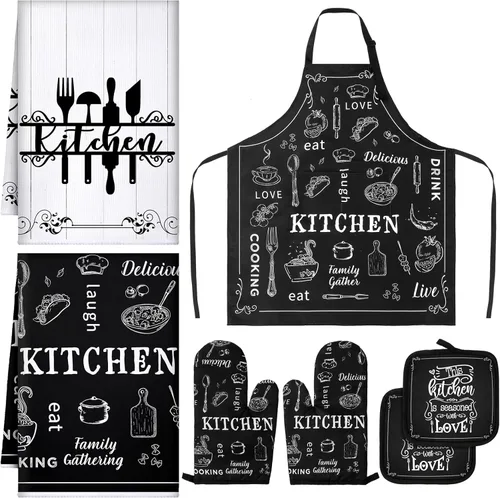 Bencailor 7 toallas de cocina, manoplas de horno y soporte para ollas, delantal, decoración de cocina, regalos de fiesta de cumpleaños (tema de