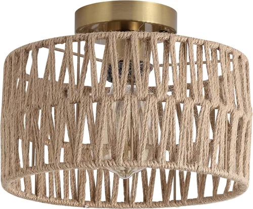 Miniatura 7 de Accesorio de Lámpara de Techo Empotrada Tejida en Oro Antiguo Costero, Luz de Techo Semi Empotrada Rústica Boho de Cuerda de Cáñamo Latón