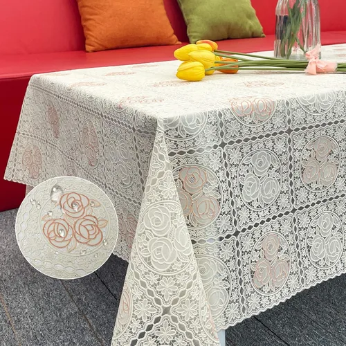 Miniatura 7 de Mantel de vinilo impermeable a prueba de aceite, mantel de encaje de plástico para mesa rectangular, decoración del hogar texturizada para fiestas