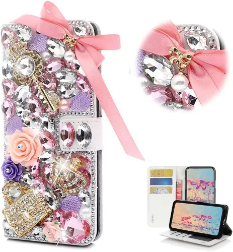 Bling - Funda tipo cartera para teléfono compatible con Samsung Galaxy Z Fold 3 5G, elegante, hecha a mano en 3D con lazo de cristal, bolsa de rosa,
