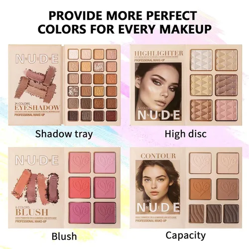 Miniatura 3 de Paleta de maquillaje, sombra de ojos, resaltador, rubor y contorno, juego de paleta de maquillaje plegable estilo libro de 4 capas, brillo metálico