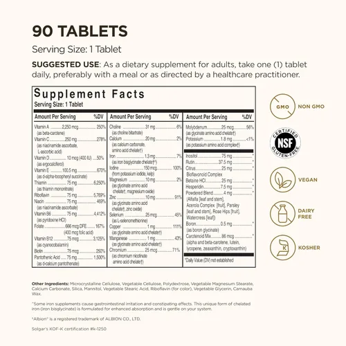 Miniatura 2 de Solgar Fórmula VM-75, 90 tabletas – Multivitamínico con minerales quelados – Vitamina A, B6, B12, C, D, E – Biotina, magnesio, calcio, hierro, zinc