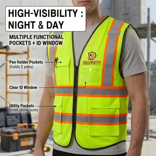 Miniatura 3 de Chaleco de Seguridad Reflectante de Alta Visibilidad Personalizable con Logo y 5 Bolsillos Hi Vis Chaleco Ropa de Trabajo Protectora para Exteriores