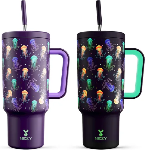 Miniatura 19 de Meoky Vaso de 40 onzas que brilla en la oscuridad con asa y popote, vaso con tapa y pajita, vaso aislado de acero inoxidable para viaje, 100% a