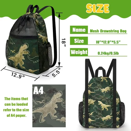 Miniatura 4 de WAWSAM Mochila con cordón para niños - Bolsa de malla con cordón para niños, Dinosaurio verde oscuro, Dinosaurio
