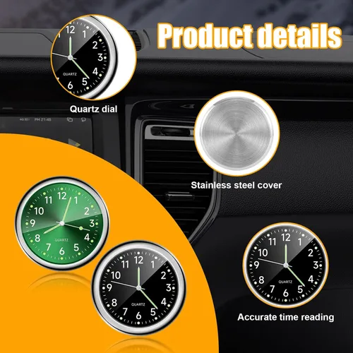 Miniatura 4 de Dickno 2 piezas de reloj de tablero adhesivo para automóvil, mini relojes de ventilación analógicos de cuarzo luminosos, relojes de ventilación