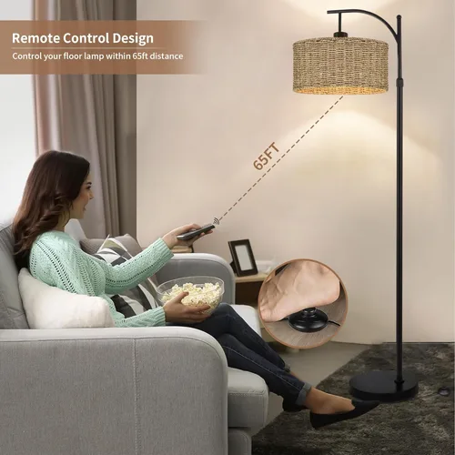 Miniatura 4 de Lámpara de pie de ratán en arco para sala de estar con control remoto, lámparas de pie negras con bombilla regulable de 3 temperaturas