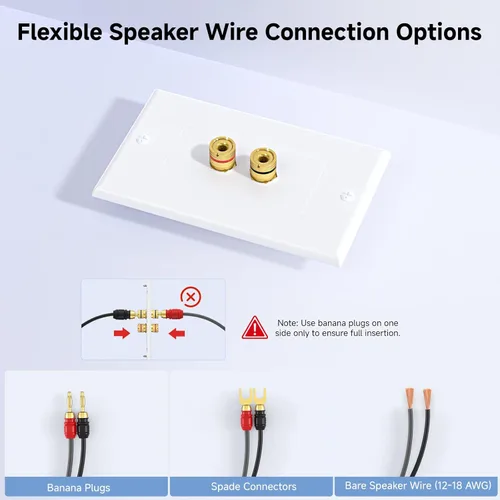 Miniatura 3 de Cable Matters Paquete de 2 placas de pared de alambre para altavoz, placa de pared de altavoz chapada en oro con poste de encuadernación de enchufe