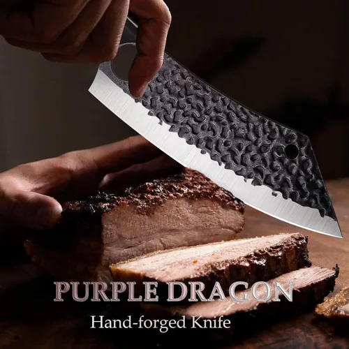 Miniatura 6 de Cuchillo de cocina Purple Dragon de 8 pulgadas, cuchillo de carnicero japonés ultra afilado para cortar carne y vegetales con orificio para el dedo