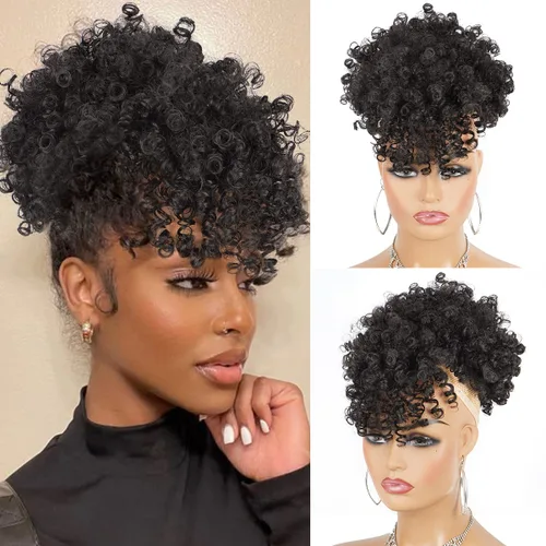 Miniatura 12 de Cola de caballo con cordón para mujeres negras Afro Puff Cola de caballo con cordón con flequillo Cola de caballo corta crespa y rizada Moño cola