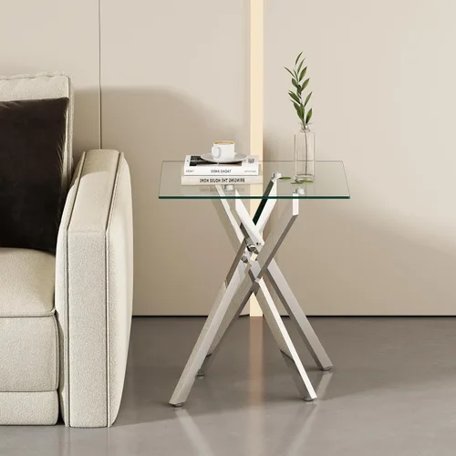 Miniatura 4 de Mesa auxiliar moderna de cristal, mesa auxiliar cuadrada para sofá, mesa auxiliar con parte superior de vidrio templado transparente y patas plateado