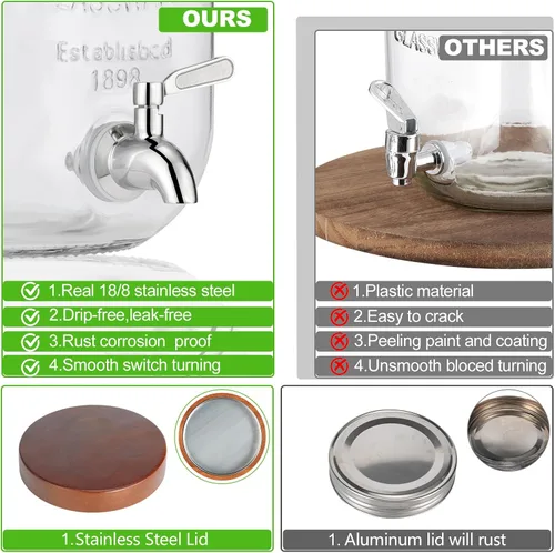 Miniatura 3 de Dispensador de 1 galón para bebidas en fiestas, dispensador de bebidas de vidrio con soporte, dispensador de agua con espiga de acero inoxidable