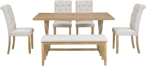 Miniatura 8 de Juego de mesa de comedor de 6 piezas estilo granja, mesa rectangular con soporte y 4 sillas tapizadas y banco, juego de muebles de cocina