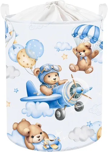 Clastyle Cesta grande de 45 L con asa plegable para almacenamiento de juguetes con tapa para guardería y niños, con diseño de oso azul