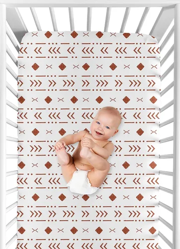 Miniatura 4 de Sweet Jojo Designs White Rust Boho Tribal Mudcloth - Sábana bajera ajustable para cuna para bebé o niño pequeño, color naranja, bosque, bohemio