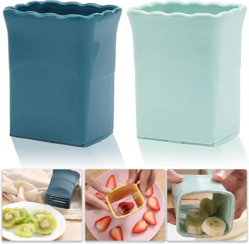 Tulobi Juego de 2 rebanadores de frutas, acero inoxidable, mini rebanador de tazas, máquina de ensalada rápida, accesorio creativo de cocina (azul