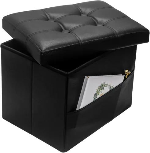 Miniatura 25 de Bsketa Otomana Taburete Reposapiés de Almacenamiento, Banco Pequeño de Otomanas de Almacenamiento de Cuero, Taburete Plegable con Tapa con Asas