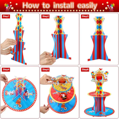 Miniatura 4 de Zopeal Soporte de 3 niveles para cupcakes con temática de circo para decoraciones de fiesta de cumpleaños, carnaval, mesa de postre, soporte
