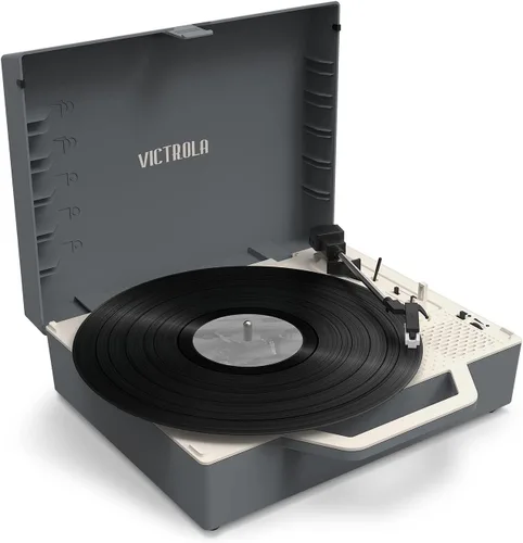Miniatura 8 de Victrola Re-Spin Reproductor de discos de vinilo, maleta, sostenible, 3 velocidades (33 1/3, 45 y 78 RPM), Bluetooth, correa, radiador de graves