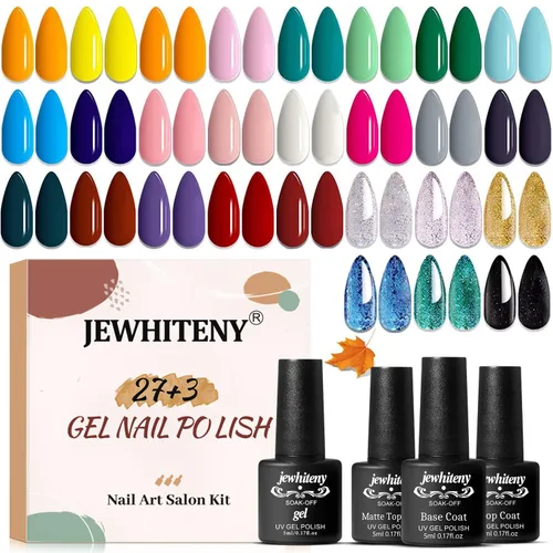 JEWHITENY Juego de 30 esmaltes de uñas de 27 colores, verde, azul, rosa, naranja, Gitter Sock Off Gel Polish con capa base superior mate y brillante