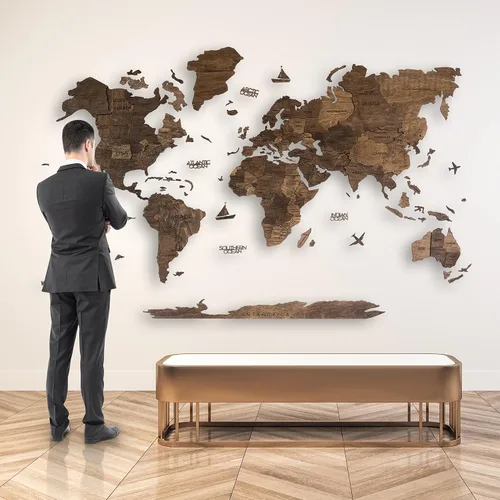 Miniatura 2 de Arte de pared de madera 3D hecho a mano con mapa del mundo, decoración de pared grande, rastrea tus viajes por el mundo, especial para el hogar