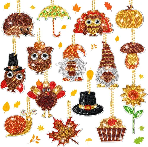 Inbagi 15 llaveros de pintura de diamante de otoño, llaveros de arte de diamantes de otoño, decoración para decoración de fiesta de Acción de Gracias
