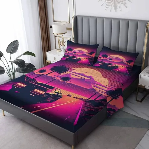 Miniatura 11 de Vaporwave Sheets - Juego de sábanas de tamaño individual, sábanas de cama de montaña neón y puesta de sol, microfibra suave con bolsillo profundo