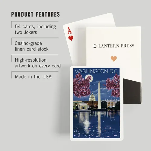 Miniatura 3 de Lantern Press Washington, DC, escena nocturna (52 cartas de juego, baraja de cartas de tamaño póquer con comodines)