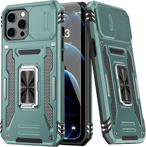 Miniatura 23 de MERRO Funda para iPhone 13 Pro con protector de pantalla, protección de cámara deslizante, funda resistente de grado militar con soporte magnético