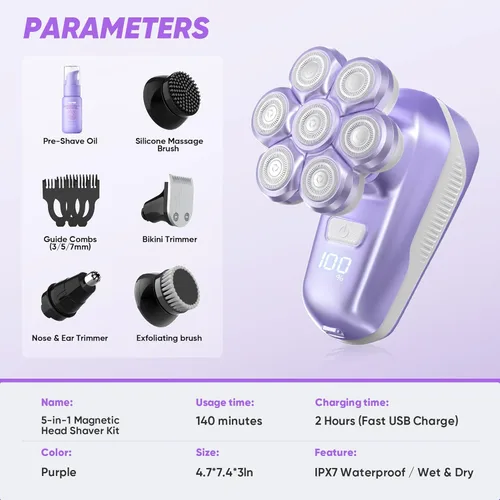 Miniatura 6 de Afeitadora eléctrica para mujeres, maquinilla de afeitar eléctrica con cabezales de afeitado magnéticos 7D, kit de recortadora de cabeza calva
