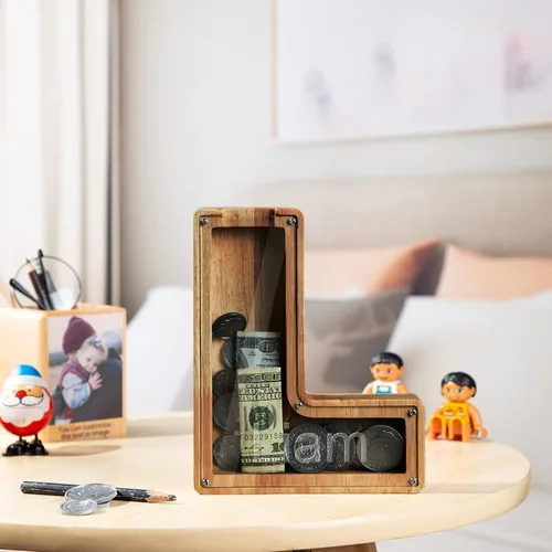 Miniatura 4 de Alcancía con nombre personalizado, 26 letras láser con texto personalizado, banco de monedas de madera, significado educativo, alcancía con nombre