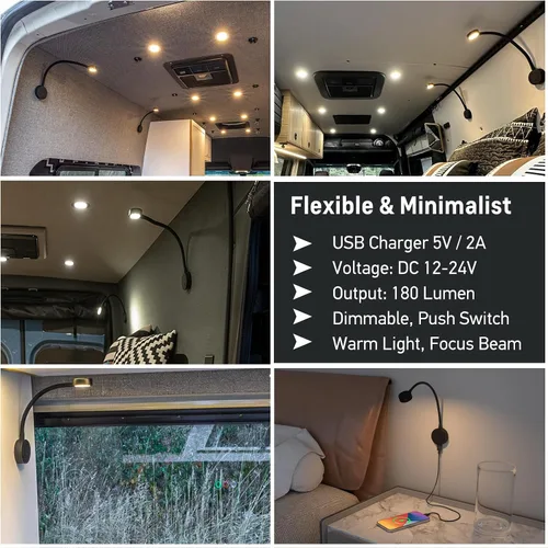 Miniatura 3 de acegoo Luz de Lectura LED de 12 V, lámpara de lectura de cabecera de barco RV, luz de cama de cuello flexible de 12 voltios para cámper van