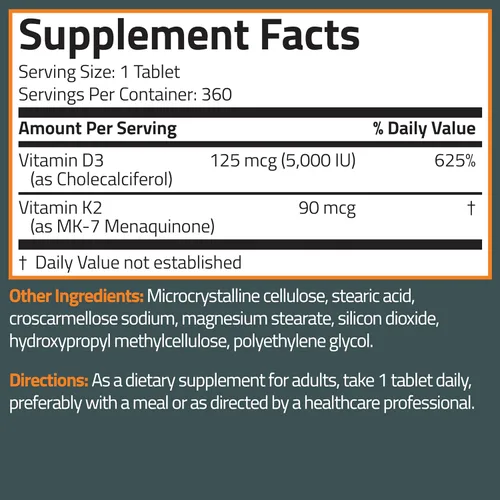 Miniatura 7 de Bronson Suplemento de vitamina K2 D3 (MK7) Fórmula sin OMG Vitamina D3 5000IU (125 mcg) y 90 mcg K2 MK-7, complejo D y K fácil de tragar, 360