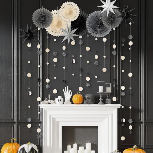 Miniatura 6 de Cheerland Decoraciones de fiesta de estrellas blancas y negras, guirnalda gótica de verano, guirnalda de papel colgante con purpurina para colgar