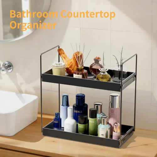 Miniatura 4 de NPPLUS Organizador de encimera de baño, estante de metal de 2 niveles para el cuidado de la piel, negro mate, 13.6 pulgadas de largo x 6.9 pulgadas