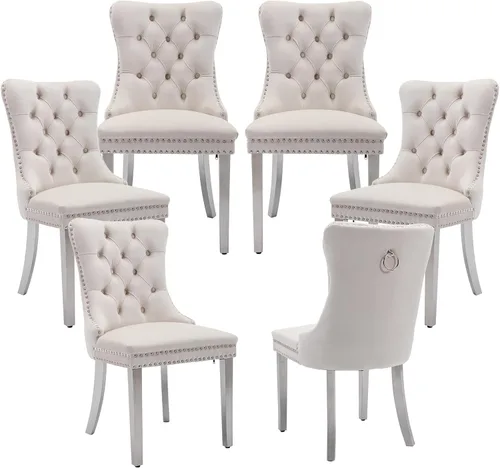 Miniatura 47 de LKTART Juego de 2 sillas de comedor de terciopelo, sillas de comedor copetudas con ribete de anillo de clavo, silla de comedor tapizada con patas