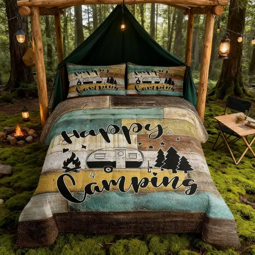 Miniatura 44 de Juego de Edredón para Acampar Feliz para Niños Tamaño Individual, Juego de Ropa de Cama Rústica de Aventura de Granja y Cabaña, Decoración