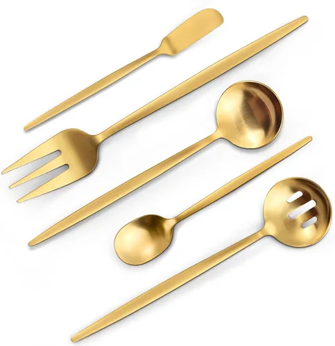 Miniatura 9 de VANVRO Juego de cubiertos color dorado champán, juego de cubiertos de acero inoxidable de 60 piezas, juego de cubiertos mate para 12, cubiertos